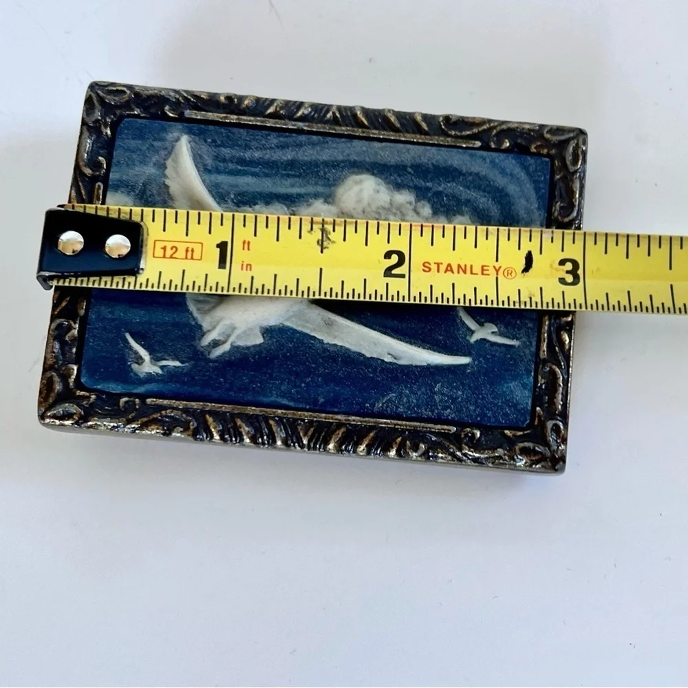 Vintage Incolay Belt Buckle Carved Stone Birds Sky Blue Coastal 1970s Brass